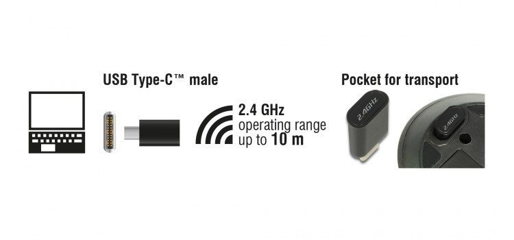 DELOCK Wireless mini Mouse, Οπτικό, USB Type-C receiver, 3-button, μαύρο 3 USB Type-C receiver