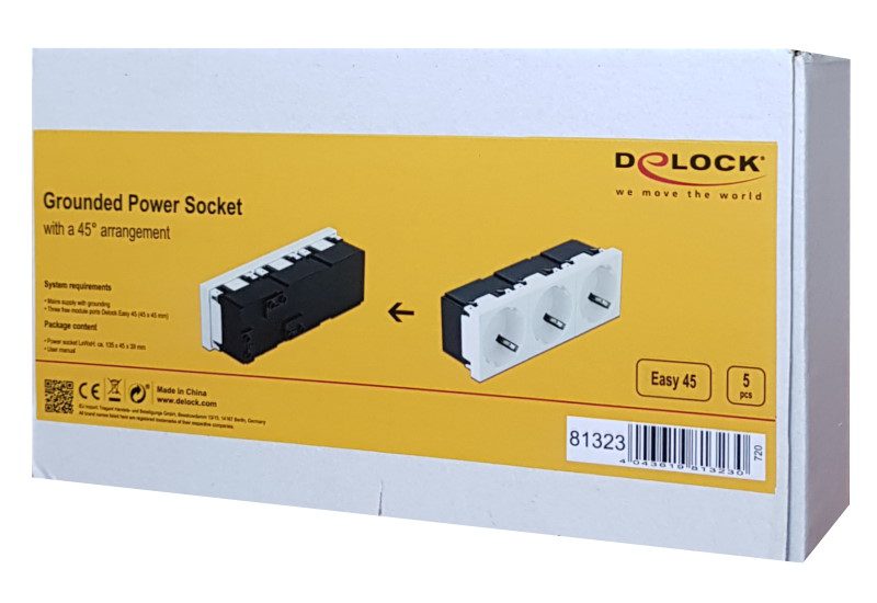 DELOCK τριπλό module πρίζας ρεύματος Easy 45 81323, 45°, 45x45mm, 5τμχ 3 45x45mm