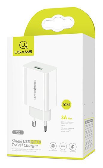 USAMS φορτιστής τοίχου T22, 1x USB, QC3.0 18W 3A, λευκός 2 1x USB