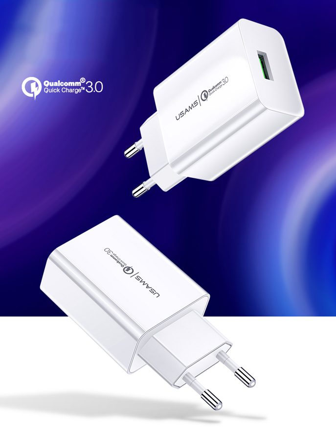 USAMS φορτιστής τοίχου T22, 1x USB, QC3.0 18W 3A, λευκός 4 λευκός