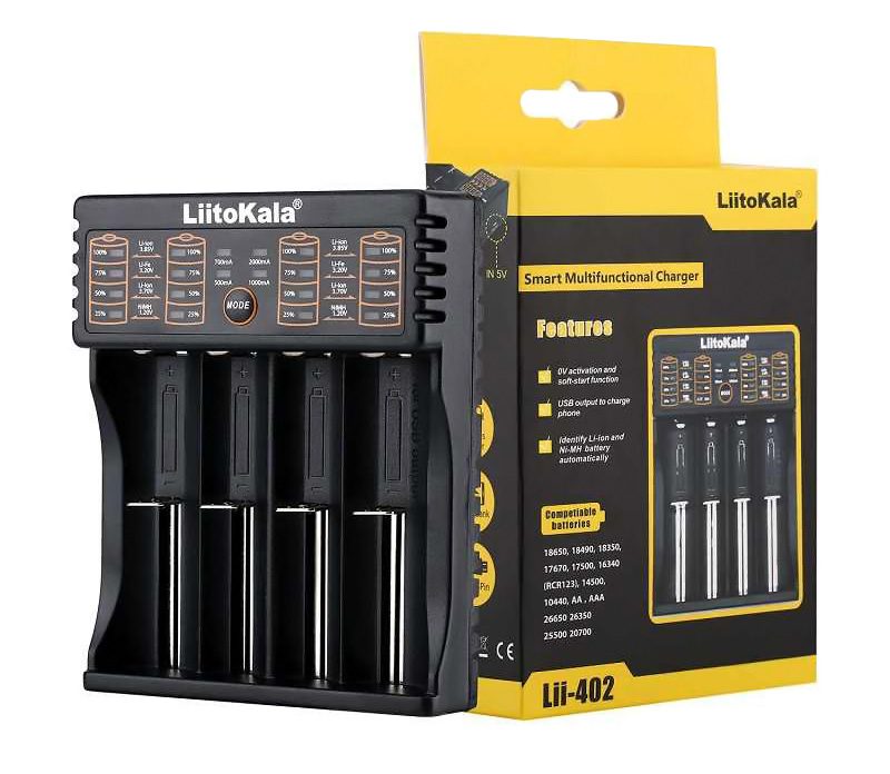 LIITOKALA φορτιστής LII-402 για μπαταρίες NiMH/CD, Li-Ion, IMR, 4 slots 2 Li-Ion