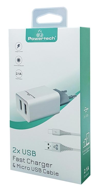 POWERTECH Φορτιστής τοίχου & καλώδιο Micro USB PT-775, 2x USB, 2.1A 2 2x USB