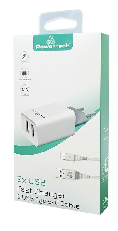 POWERTECH Φορτιστής τοίχου & καλώδιο USB Type-C PT-776, 2x USB, 2.1A 2 2x USB