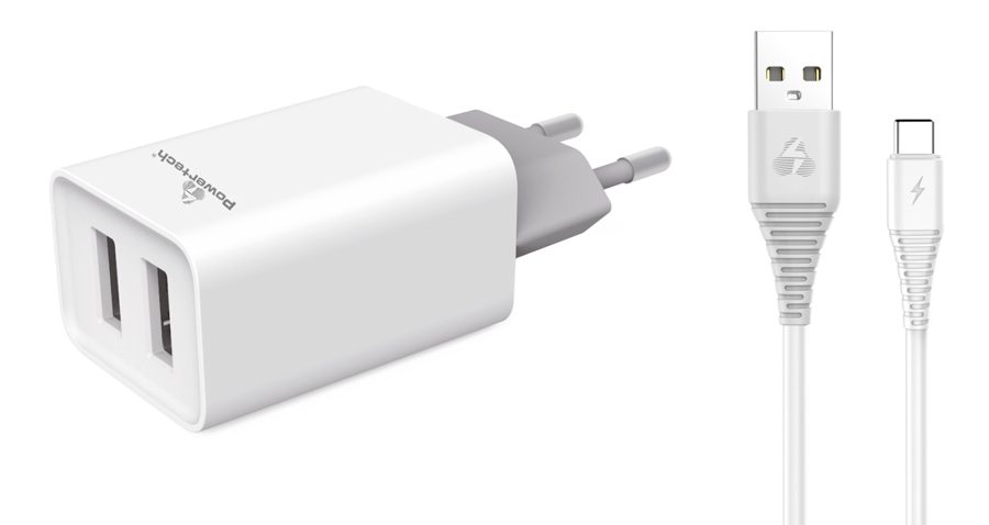 POWERTECH Φορτιστής τοίχου & καλώδιο USB Type-C PT-776, 2x USB, 2.1A 1 POWERTECH Φορτιστής τοίχου & καλώδιο USB Type-C PT-776