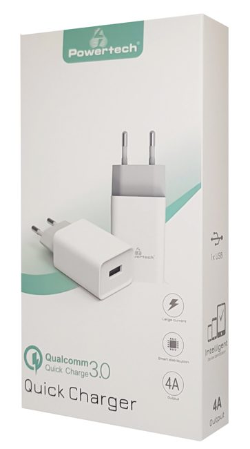 POWERTECH Φορτιστής τοίχου PT-780, 1x USB, 20W, 4A, QC 3.0, λευκός 2 1x USB