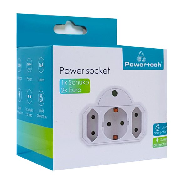 POWERTECH αντάπτορας ρεύματος PT-816, 1x schuko, 2x euro, 16A, λευκός 2 1x schuko