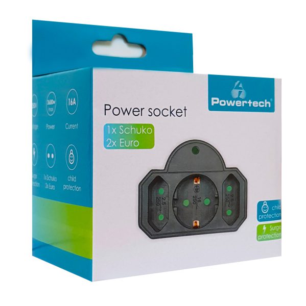 POWERTECH αντάπτορας ρεύματος PT-817, 1x schuko, 2x euro, 16A, μαύρος 2 1x schuko
