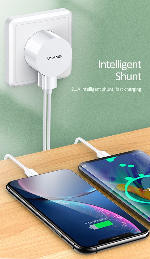 USAMS φορτιστής τοίχου T20 & καλώδιο Lightning, 2x USB, 2.1A, λευκός 3 2.1A