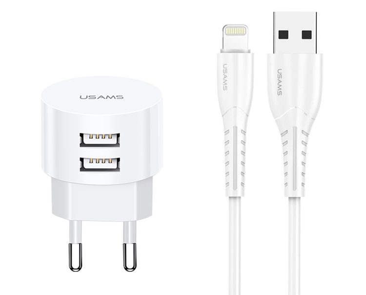 USAMS φορτιστής τοίχου T20 & καλώδιο Lightning, 2x USB, 2.1A, λευκός 1 USAMS φορτιστής τοίχου T20 & καλώδιο Lightning
