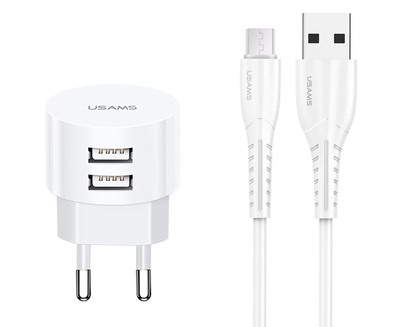 USAMS φορτιστής τοίχου T20 & καλώδιο Micro USB, 2x USB, 2.1A, λευκός 1 USAMS φορτιστής τοίχου T20 & καλώδιο Micro USB