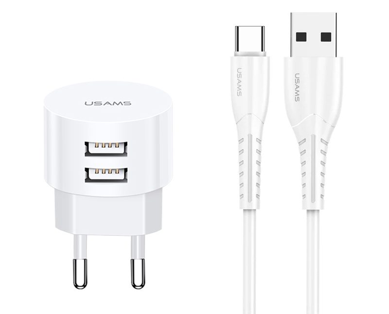 USAMS φορτιστής τοίχου T20 & καλώδιο type-C, 2x USB, 2.1A, λευκός 1 USAMS φορτιστής τοίχου T20 & καλώδιο type-C